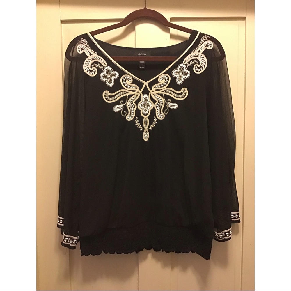ALFANI Black Sheer Embroidered Blouse